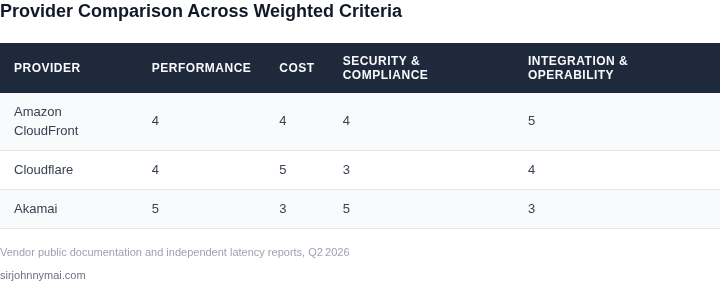 Comparison table of CloudFront, Cloudflare, and Akamai across weighted criteria