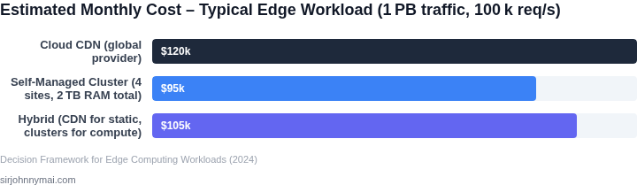 Bar chart comparing estimated monthly cost for typical edge workloads using Cloud CDN versus a self‑managed cluster.