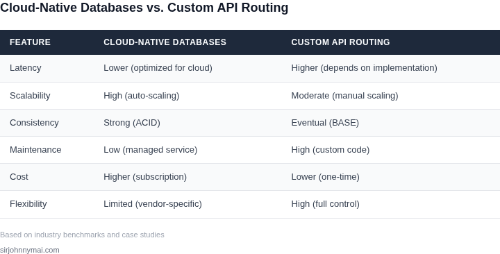 Side-by-side comparison of cloud-native databases and custom API routing for edge computing