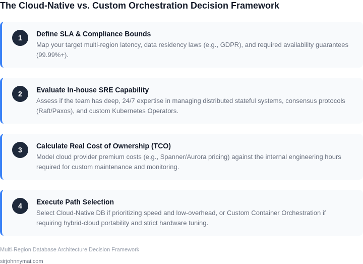 A 4-step decision framework for choosing between managed cloud-native databases and custom container orchestration in multi-region setups.