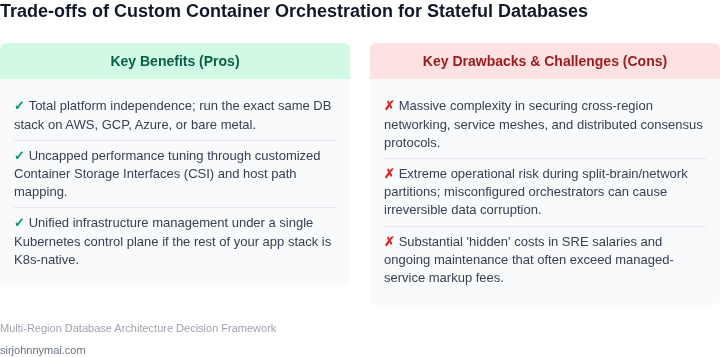Tradeoffs of running custom database container orchestration (e.g., Kubernetes StatefulSets) in multi-region environments.