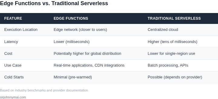 Comparison table between edge functions and traditional serverless