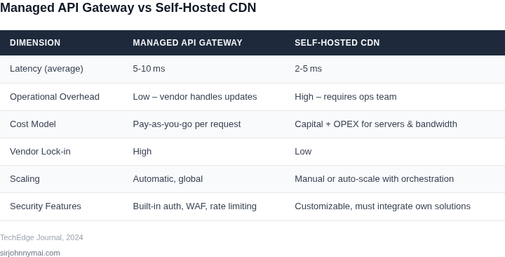 Side‑by‑side comparison of managed API gateways versus self‑hosted CDNs for edge workloads