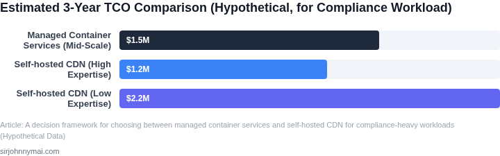 Bar chart comparing the estimated total cost of ownership (TCO) over a 3-year period for Managed Container Services versus Self-hosted CDN, showing different cost profiles based on operational expertise.