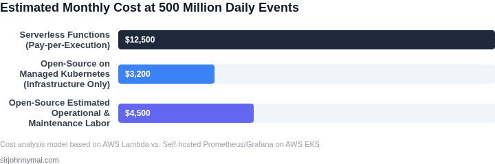 Monthly cost comparison bar chart at 500 Million daily events between Serverless Functions and Open-Source Monitoring.