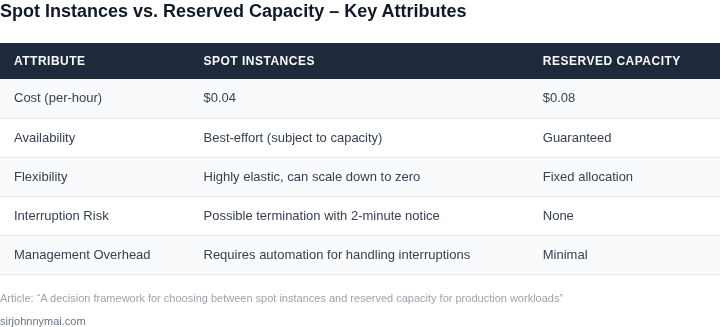 Side‑by‑side comparison of key attributes for Spot Instances versus Reserved Capacity