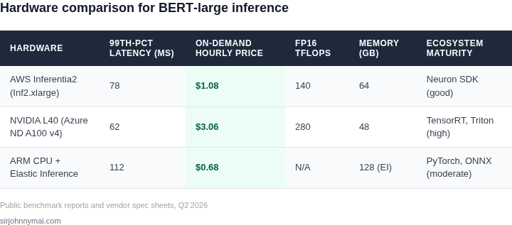 Comparison of three inference hardware options across latency, cost, memory, and ecosystem support
