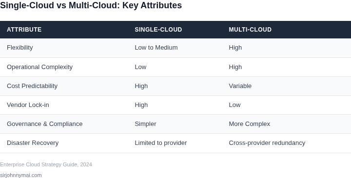 Side-by-side comparison of key attributes for single-cloud versus multi-cloud strategies.