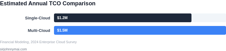 Bar chart showing estimated annual TCO for a typical enterprise workload under single‑cloud and multi‑cloud deployments.