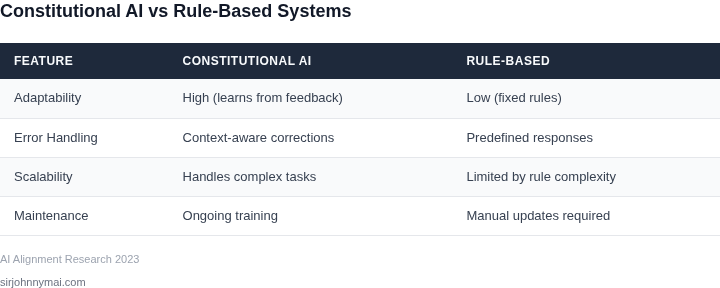 Side-by-side comparison of constitutional AI alignment vs traditional rule-based systems for code generation