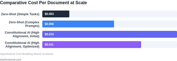 Bar chart comparing the estimated total cost per document for processing using Zero-Shot Prompting versus Constitutional AI Alignment, highlighting initial setup versus ongoing inference costs.