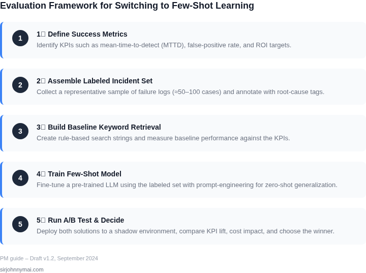 Numbered framework outlining the step‑by‑step process for product managers to decide when few‑shot learning should replace keyword retrieval in predictive maintenance systems.