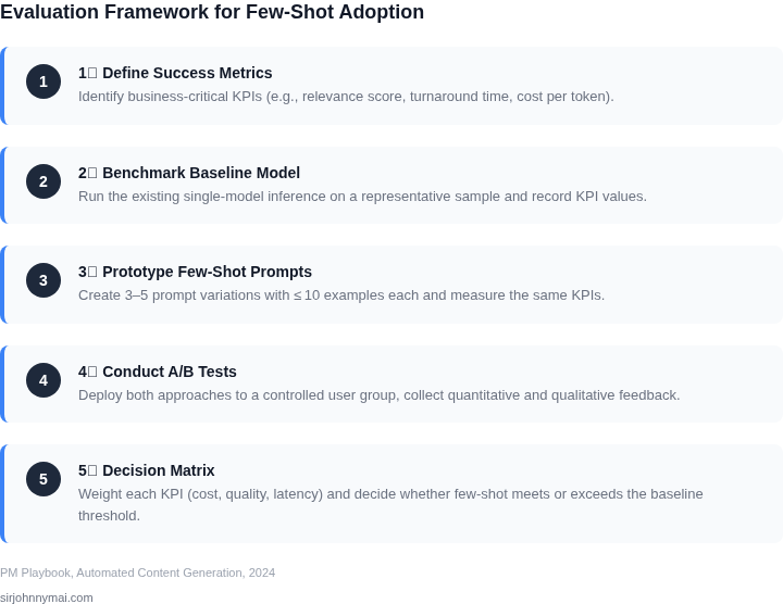 Five‑step decision framework for product managers to determine when few‑shot learning should replace a single fine‑tuned model for content generation.