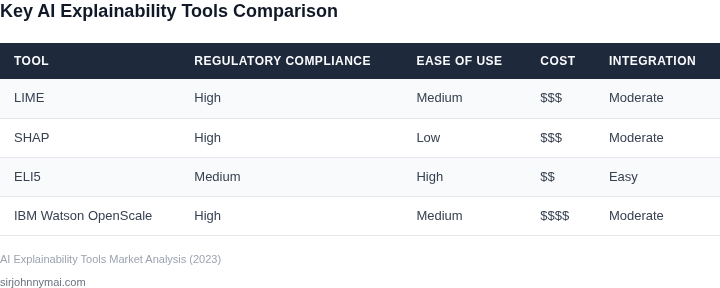 Comparison table of AI explainability tools for regulated industries