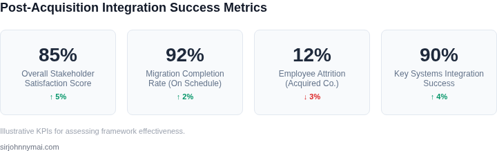 Dashboard view showing key performance indicators related to stakeholder satisfaction and project success during post-acquisition integration.