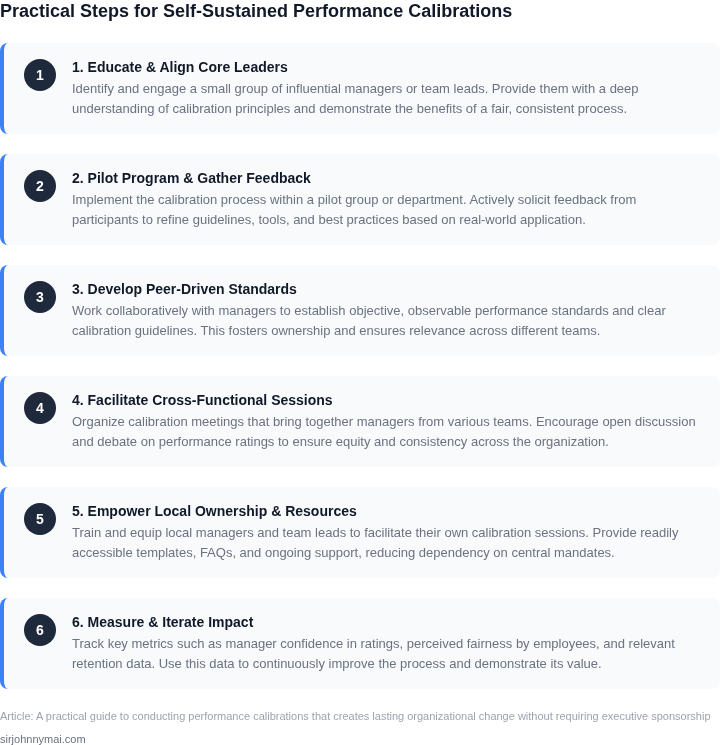 A numbered list of steps detailing how to conduct performance calibrations for lasting organizational change without needing executive sponsorship.