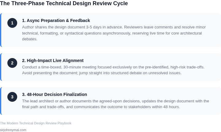 A three-phase framework detailing the steps of a high-momentum technical design review: async preparation, high-impact live alignment, and rapid decision finalization.
