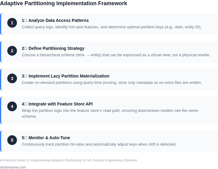 Step‑by‑step workflow for adding adaptive partitioning to a feature engineering pipeline without extra storage overhead