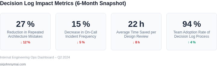 Dashboard showing the quantitative impact of decision logs on repeat mistakes and cycle time.