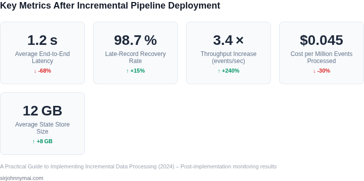 Dashboard‑style summary of key performance indicators after adopting the incremental processing approach.