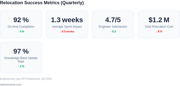 Dashboard‑style key performance indicators that show the outcomes of engineering relocations after applying the guide.