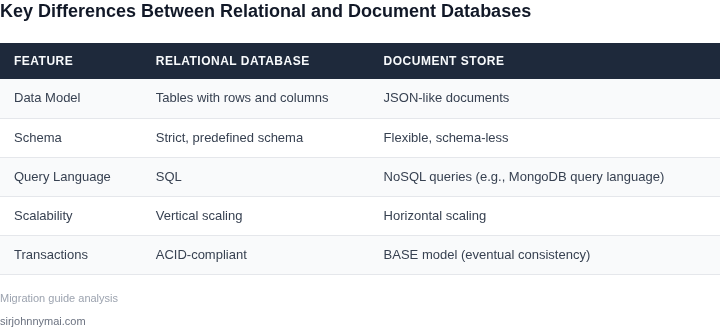 Side-by-side comparison of relational database features and document store features