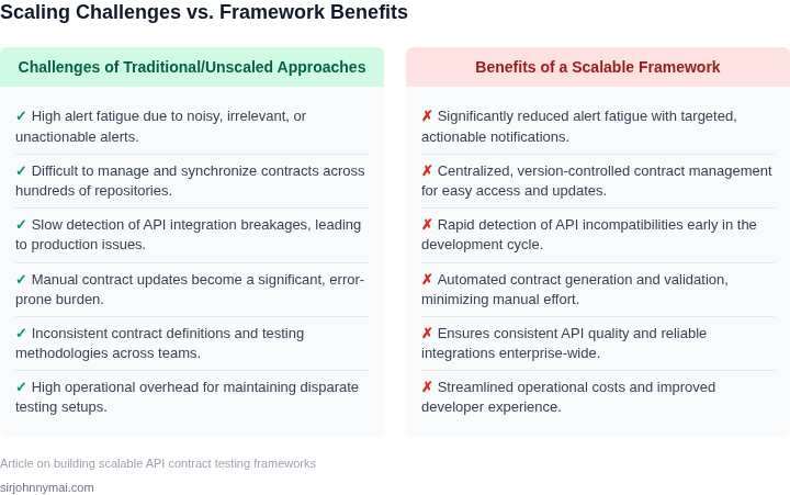A comparison table highlighting the challenges faced by traditional or unscaled API contract testing approaches versus the benefits offered by a well-implemented scalable framework.