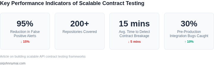 A dashboard showing key performance indicators (KPIs) demonstrating the success and impact of a scalable API contract testing framework, including reductions in false positives and faster detection times.