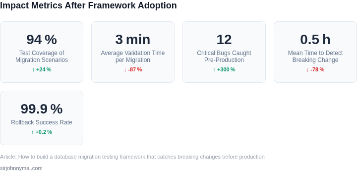 Dashboard‑style metrics illustrating the impact of the migration testing framework on release quality and speed.
