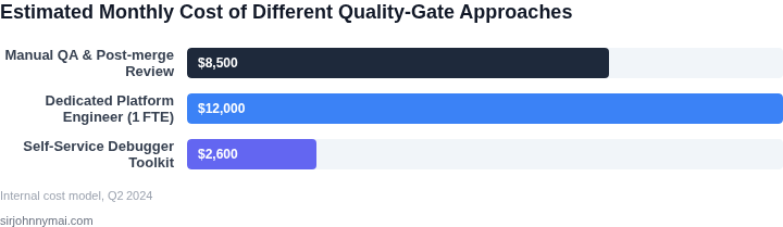 Bar chart estimating monthly cost comparison between manual QA, hiring a platform engineer, and using the self‑service debugger toolkit.