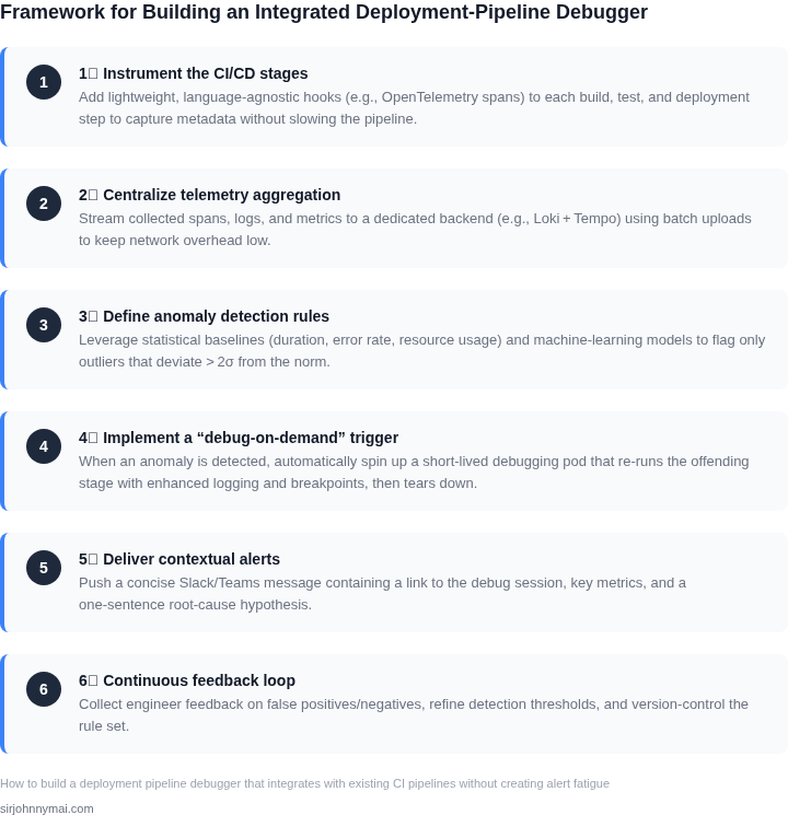 Numbered framework outlining how to construct an integrated deployment‑pipeline debugger without overwhelming teams with alerts.