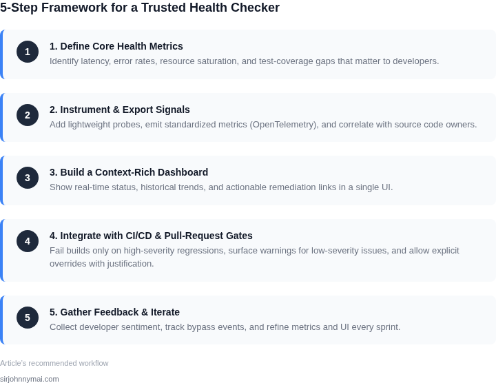 Numbered framework outlining the steps to build a developer‑environment health checker that earns trust.