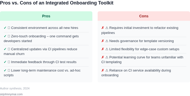 Two‑column trade‑off table highlighting the advantages and disadvantages of a CI‑integrated onboarding toolkit.