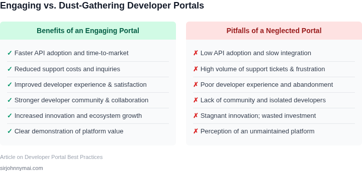 A comparison table detailing the benefits of an actively used developer portal against the common pitfalls and negative outcomes of a neglected, dust-gathering portal.