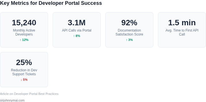 A dashboard displaying key performance indicators (KPIs) for measuring the success and effectiveness of a developer portal, including active users, API call volume, and documentation ratings.