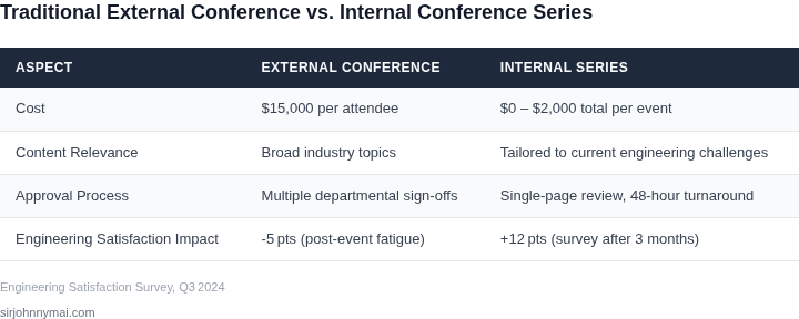 Side‑by‑side comparison of a traditional external conference model versus an internal conference series.