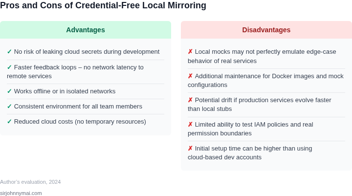Two‑column table listing the advantages and disadvantages of building a credential‑free local environment that mirrors production.