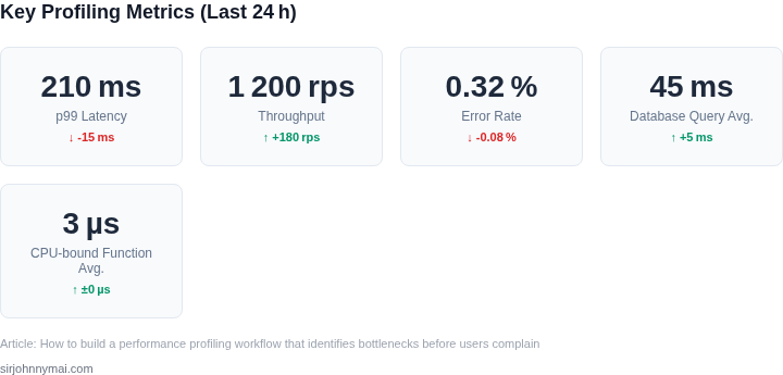 Dashboard‑style snapshot of the most important performance profiling metrics with recent deltas.