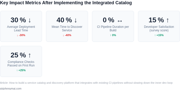 Dashboard‑style metrics showing the impact of the integrated service catalog on development speed and reliability