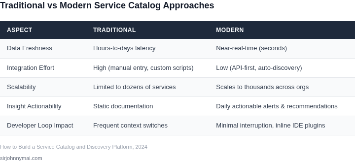 Side‑by‑side table comparing traditional service catalog implementations with a modern, automated discovery platform.