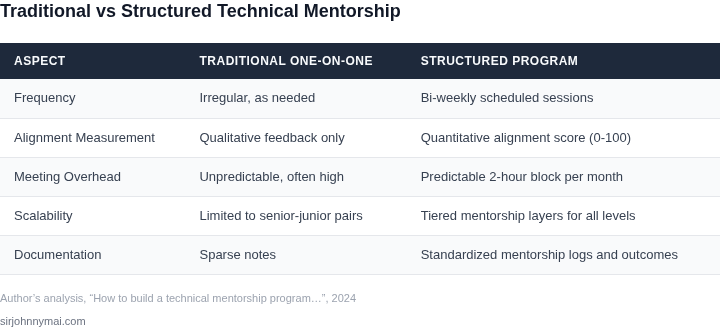 Side‑by‑side comparison of a traditional ad‑hoc mentorship approach versus a structured technical mentorship program.