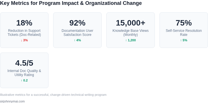 A dashboard displaying key performance indicators (KPIs) for measuring the success and organizational impact of a technical writing program, beyond simple compliance.