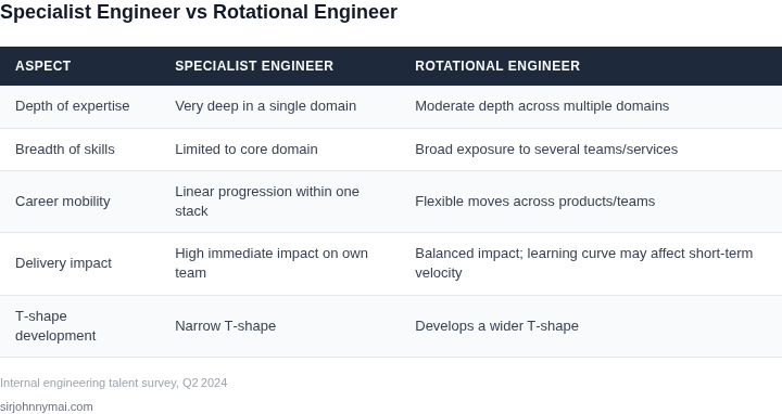 Side‑by‑side table comparing the characteristics of specialist engineers with those of engineers in a rotation program.