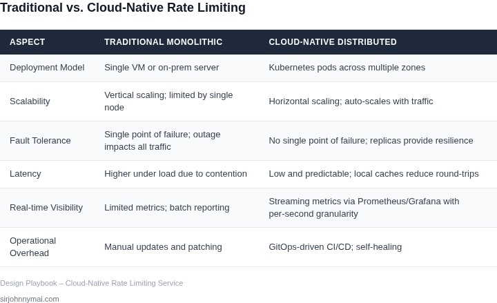 Side‑by‑side comparison of a traditional monolithic rate limiter versus a cloud‑native, distributed rate limiting service.