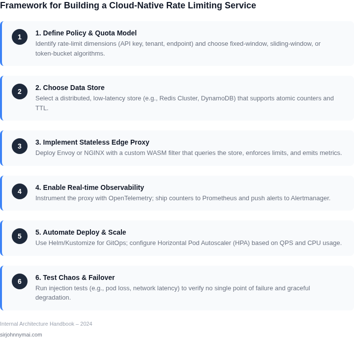 Numbered framework describing the end‑to‑end steps for building a cloud‑native rate limiting service with real‑time observability.