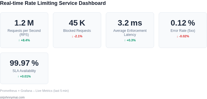 Dashboard view showing live key metrics of the rate limiting service, highlighting trends and health indicators.