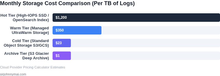 Bar chart comparing monthly storage costs per Terabyte of logs across different storage tiers.