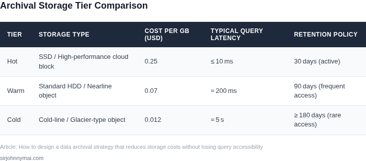 Side‑by‑side comparison of archival storage tiers, showing cost per GB, query latency, and typical retention policies.