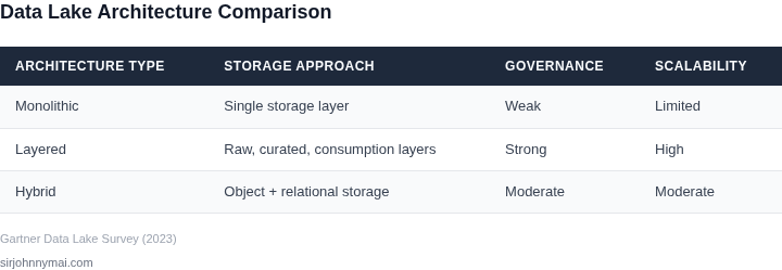 Comparison of data lake architectures to avoid a data swamp