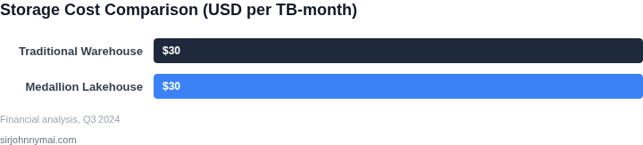 Bar chart showing storage cost comparison between traditional data warehouse and medallion‑tier lakehouse, demonstrating no cost increase.